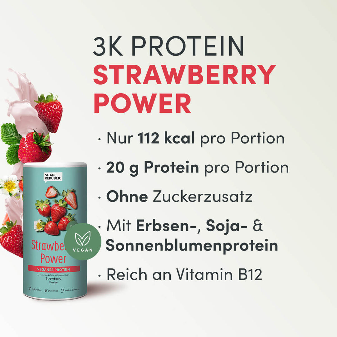 Veganes 3K Protein 420g | Strawberry Power Proteinshake | Shape Republic